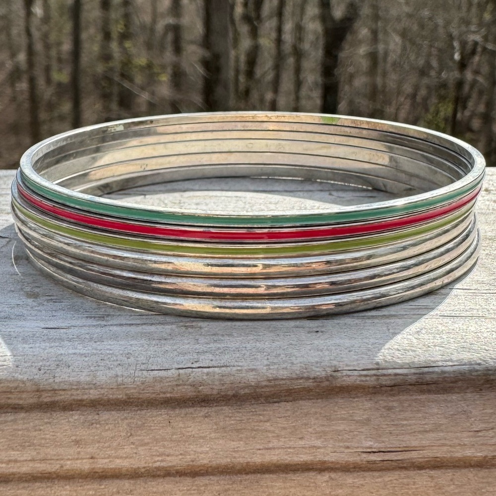 The Loft, Set if 6 Bangles, 3 Silver Tone and 3 Colored Ones; Green, Blue & Red